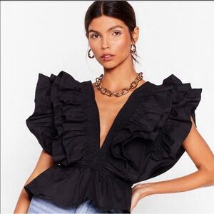 Nast Gal Plunging V Neck Ruffle Cropped Blouse size 4